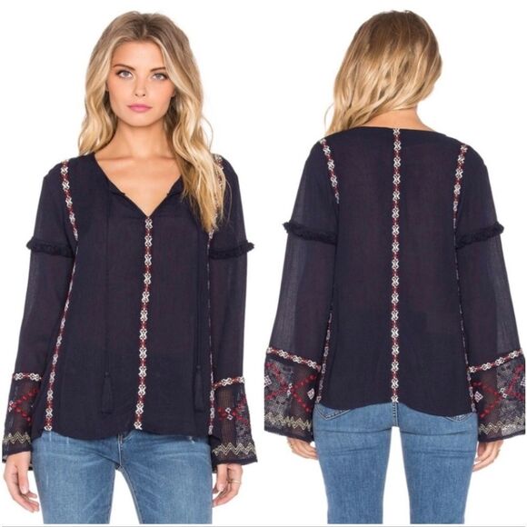 Tularosa Tops - Tularosa Boho Peasant Blouse women's size XS navy blue embroidered tassels